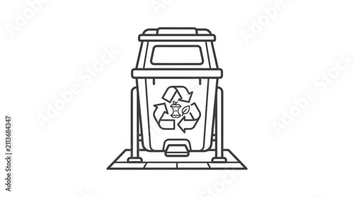 Modern Black and White Line Drawing of Recycling Bin with Eco Symbols and Open Lid with high quality professional line art symbols for modern creative design and digital branding projects