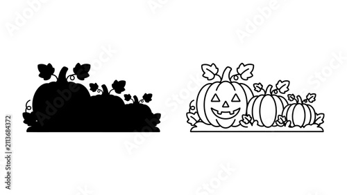 Foto Halloween Pumpkin Duo: A cheerful carved jack-o'-lantern sits beside a smaller gourd, surrounded by leafy vines, evoking the spirit of Halloween and autumn harvest