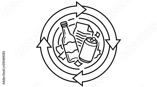 Clean Black and White Recycling Symbol Featuring Glass Bottle Can and Plastic Container for Beverages