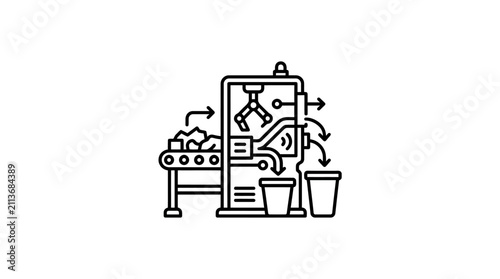 Corporate of Coffee Production Process in Monochromatic Line Art with Industrial Machinery and Buckets