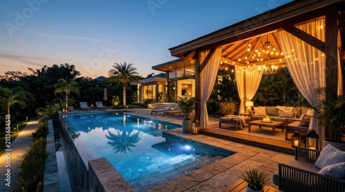Luxury backyard swimming pool at sunset, elegant patio with wooden gazebo and string lights, modern tropical villa exterior
