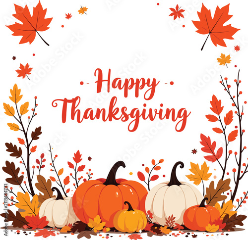 Autumnal pumpkins and maple leaves vector illustration with seasonal foliage and warm color palette autumn