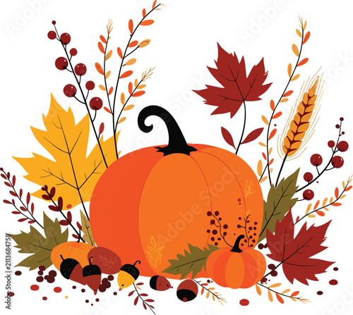 Autumn Arrangement With Pumpkins And Maple Leaves A Flat Vector Illustration fall gourd squash leaf