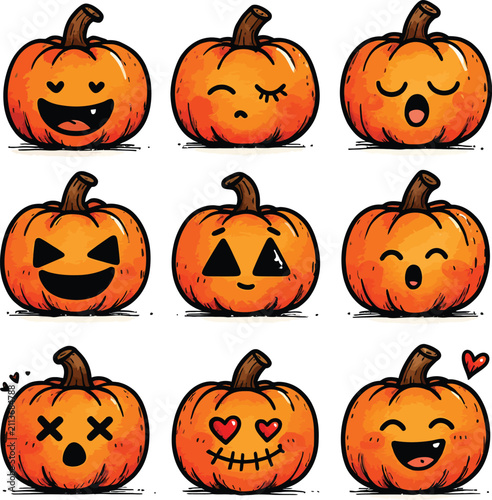 Nine orange pumpkins with various facial expressions a vector illustration on a white background autumn