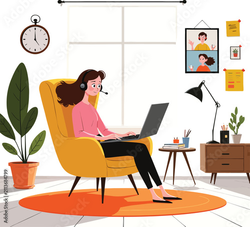 Vector illustration of a woman working on a laptop during a video conference call remote