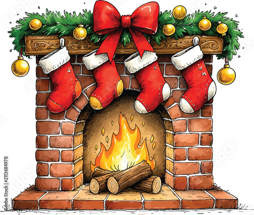 Festive fireplace with stockings and garland a watercolor illustration on a white background hearth mantelpiece