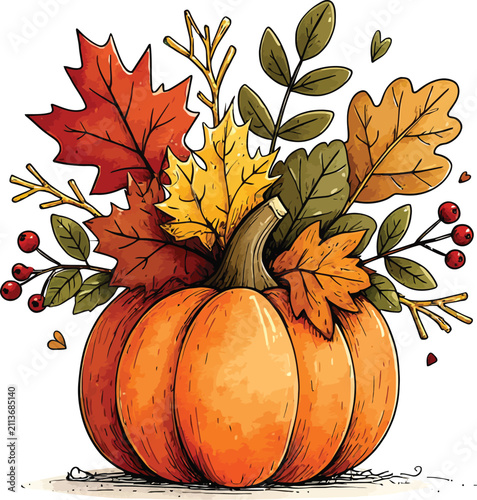 Pumpkin with autumn leaves and berries watercolor illustration on a white background gourd squash cucurbita
