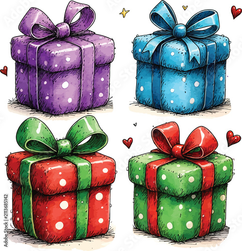 Wrapped Gift Boxes With Bows Watercolor Illustration On White Background box present package gift giving holiday