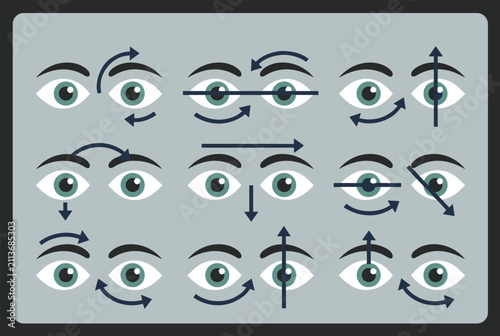 Eye training exercise diagram showcases nine different eye movement techniques to improve vision health and reduce eye strain.