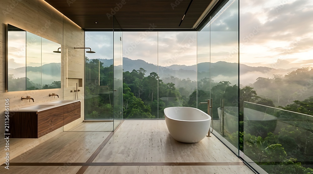 Fototapeta premium Bathtub stands in an open concept bathroom featuring floor to ceiling glass walls overlooking a misty mountain landscape.