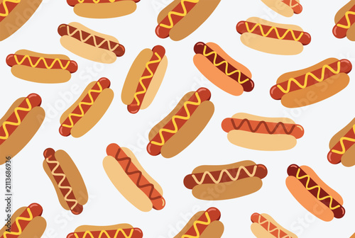 Seamless pattern showcases delicious grilled hot dogs with mustard and ketchup toppings scattered on a plain white background.