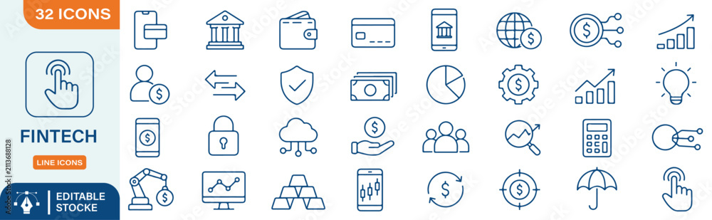 Fototapeta premium 32 Fintech Vector Outline Icons Set – Financial Technology, Digital Banking, Mobile Payment, E-Commerce and Online Money Line Symbols Collection