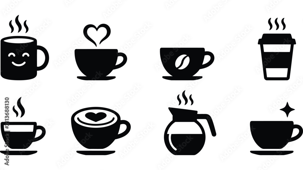 Obraz premium Coffee cup icons set. Black vector beverage symbols for cafe menu and web design.