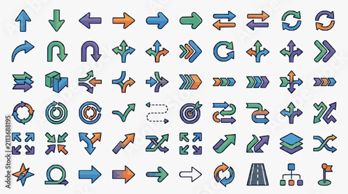 Obraz na płótnie Industrial Colorful Arrow Icons Set Featuring Directional Rotational and Multi W