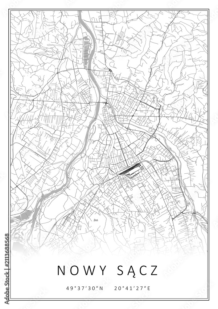 Obraz premium Czarno-biała mapa Nowy Sącz, plakat, tapeta, Polska