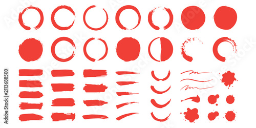 Set of red brush strokes and hand drawn circle shapes for design elements