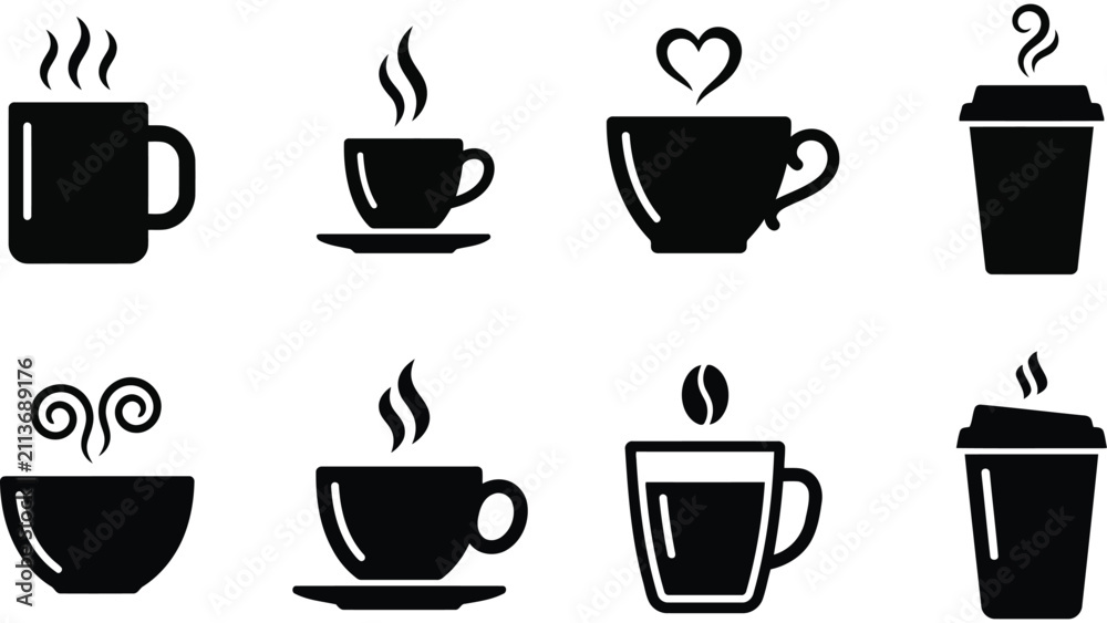 Obraz premium Coffee cup icons set. Black silhouette collection of hot beverage mugs and takeaway cups.