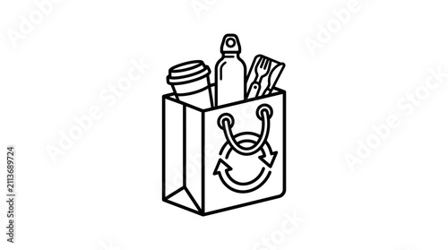 Corporate Minimalist Line Drawing of Recycling Friendly Office Supplies in a Bag with Reusable Items