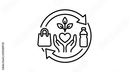 Clean Black and White Circular Eco Friendly Recycling and Shopping Concept with Shopping Bag Plant Heart and Bottle