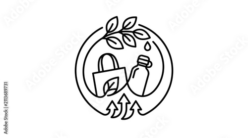 Industrial Minimalist Line Drawing Icon Showcasing Shopping Bag Spray Bottle Plant and Circular Arrow for Recycling or Eco Friendly Concepts