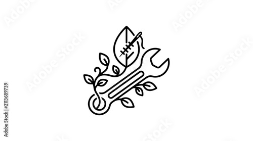 Clean Black and White Minimalist Wrench and Leaf Botanical for Stock Use with high quality professional line art symbols for modern creative design and digital branding projects