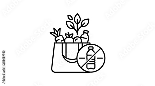 Minimalist Black and White Shopping Bag Icon with Fresh Vegetables and Forbidden Plastic Bottle Symbol
