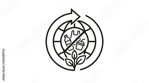 Modern Black and White Recycling Symbol with Plastic Bottle Can Cup and Leaf Inside Circular Arrow