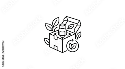 Minimalist Black and White Line Drawing of Eco Friendly Product Packaging with Plant and Recycling Symbol