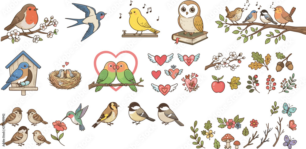Fototapeta premium Cute birds clip art set robin lovebirds hummingbird owl birdhouse nest nature elements vector illustration collection.