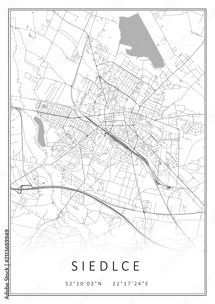 Obraz premium Czarno-biała mapa Siedlce, plakat, tapeta, Polska