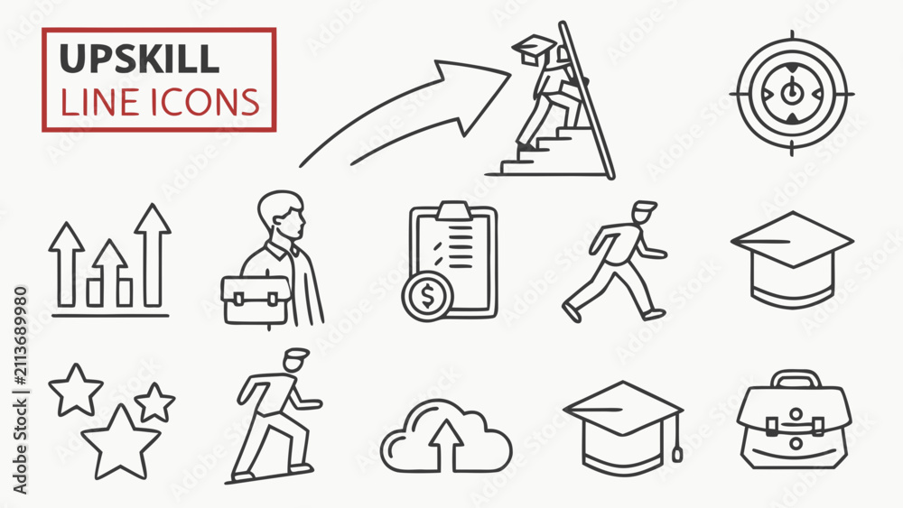 Fototapeta premium Set of vector outline icons representing career advancement, education, professional upskilling, and business success