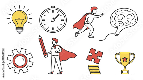 Creative business success icons featuring superhero concepts for leadership productivity and strategic innovation development symbols