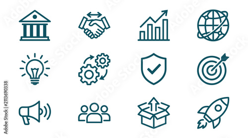 Professional blue line icons for business startup and strategy.