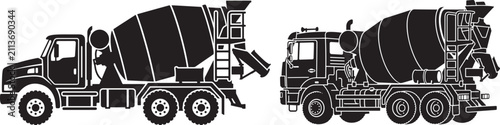 Set of black silhouette concrete mixer trucks on white background with concrete construction silhouette transport industrial