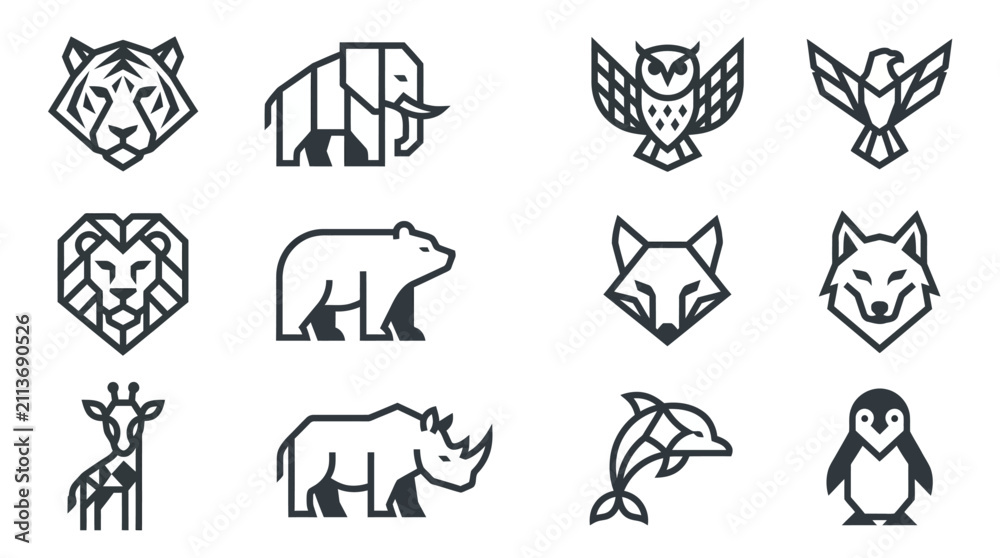 Fototapeta premium Geometric animal head icons with clean line art.