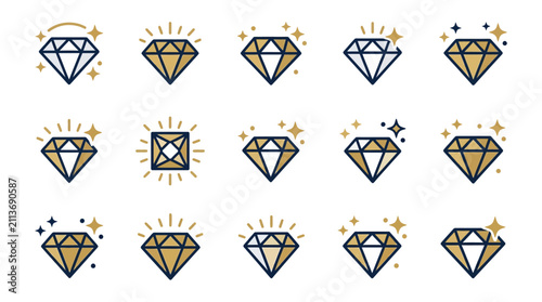 Decorative blue and gold diamond gemstone icon set.
