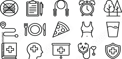 Bild auf Leinwand Healthy lifestyle and medical care line icon set featuring diet planning, workout fitness, outdoor activity, healthcare routines, and mental wellness tracking elements
