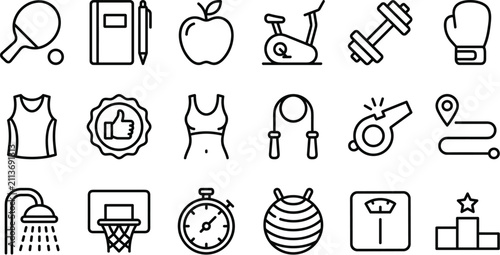 Foto Fitness and sports training line icon set featuring gym workout equipment, healthy diet tracking, cardio exercise, athletic clothing, and tournament competition rewards