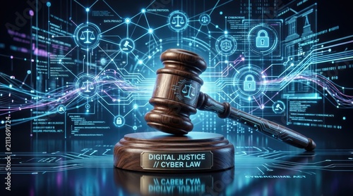 Digital justice and cyber law concept, wooden judge gavel on futuristic circuit background, online legal system and internet security regulations