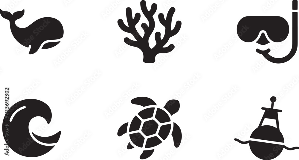 Obraz premium Marine life and ocean icons minimalist flat black high contrast vector set for nautical branding isolated on transparent background