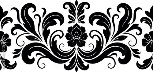 Foto Seamless decorative border with elegant black floral damask patterns on a white