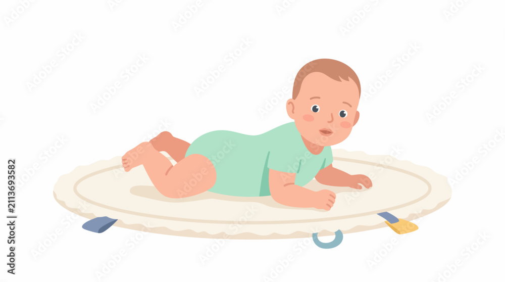 Obraz premium Cute Infant Baby Lifting Head on Tummy Time Mat Vector Illustration