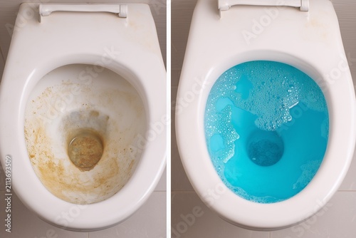 Dirty and clean toilet before and after cleaning