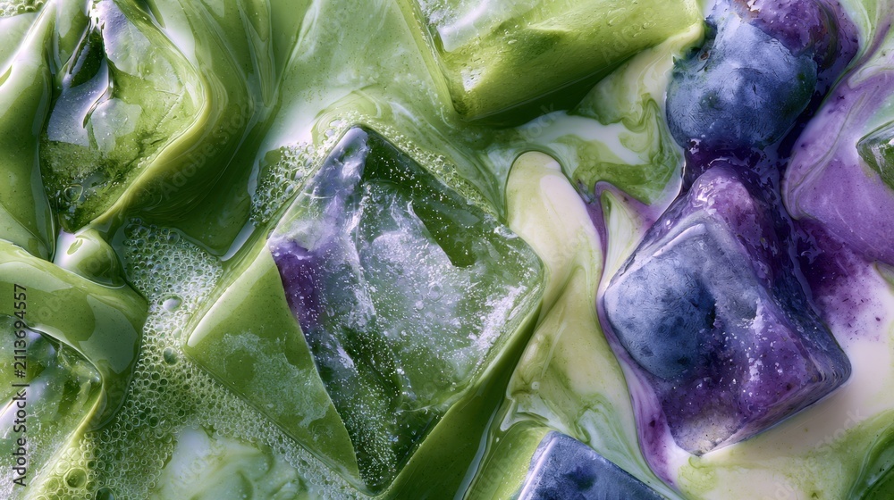 Obraz premium Iced Blueberry Matcha Latte with Creamy Purple Swirls and Large Ice Cubes