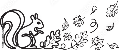 Foto Minimalist One Line Squirrel Surrounded by Dry Autumn Leaves Continuous Line Art