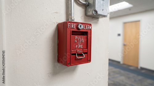 Red Fire Alarm Pull Station Mounted on Wall Inside Building Corridor Safety Equipment