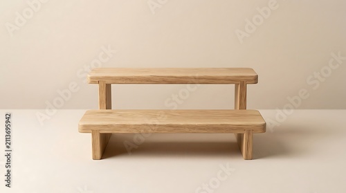Stackable wooden step stools two tiers, natural wood finish, clean modern design, studio lighting.