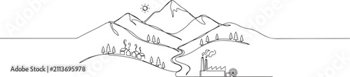 Obraz na płótnie Simple line drawing of settlements and traditional factories in mountains