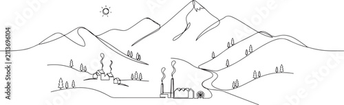 Obraz na płótnie Simple line drawing of settlements and traditional factories in mountains
