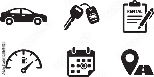 Car rental icons set minimalist style black flat design vector illustration for travel business website isolated on transparent background